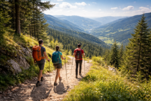 Escursionisti sui sentieri del Parco del Frignano con vista sulla valle