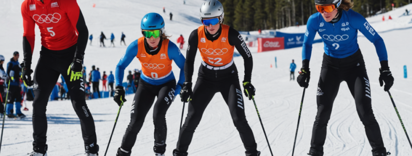 Ski athletes preparing for a competition, focusing on determination and readiness.