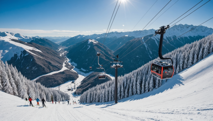 snowy landscape with ski lifts and people skiing at Abetone
